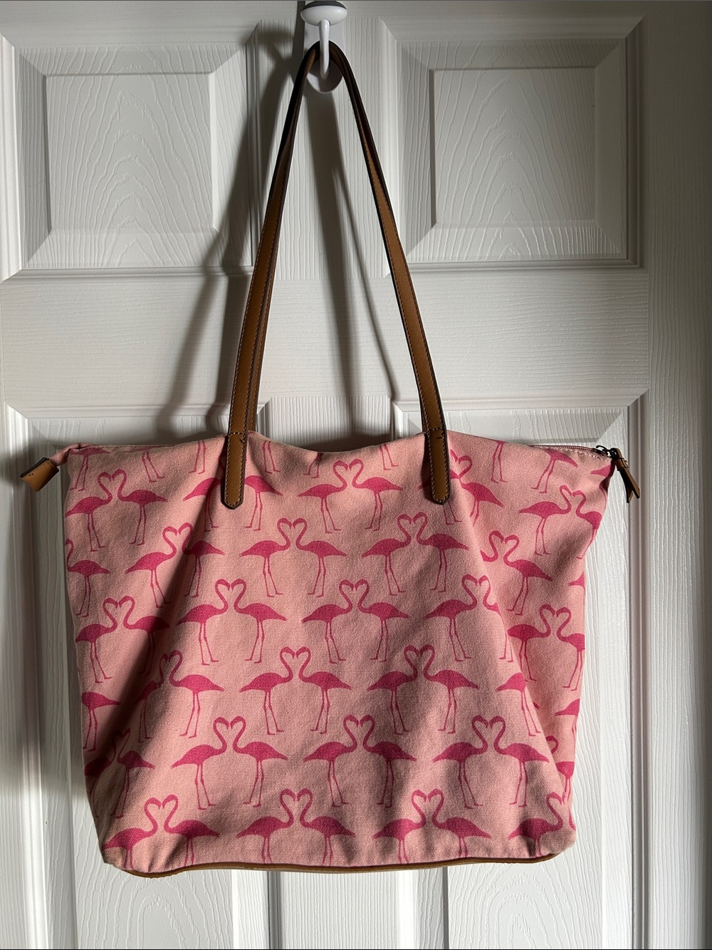 Pink Flamingo Print Purse with Brown Straps